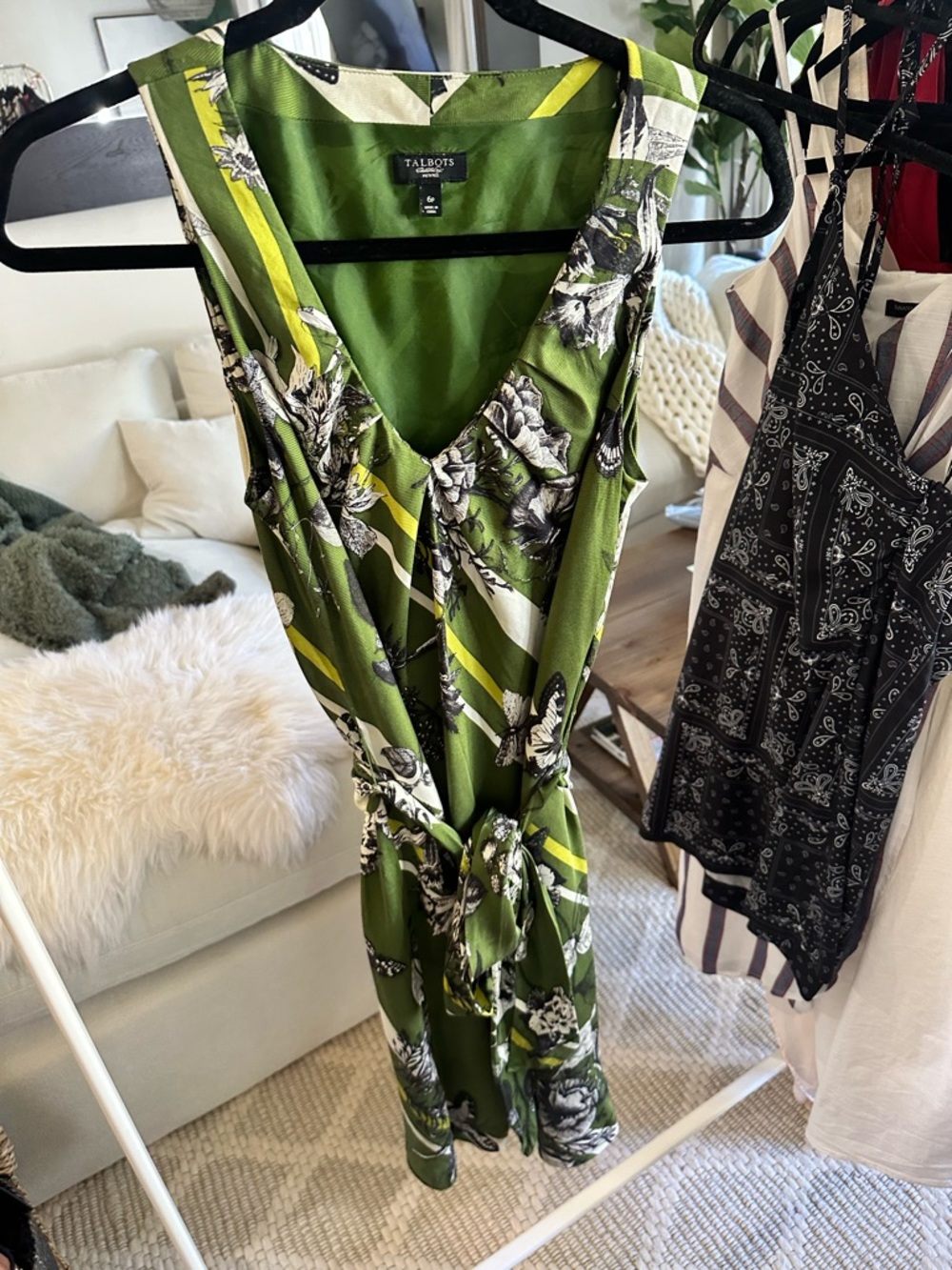 Talbots 100% Silk Olive Green Floral V-Neck Midi Dress with Belt